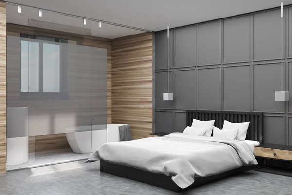 Grau und hölzern Schlafzimmer Ecke — Stockfoto