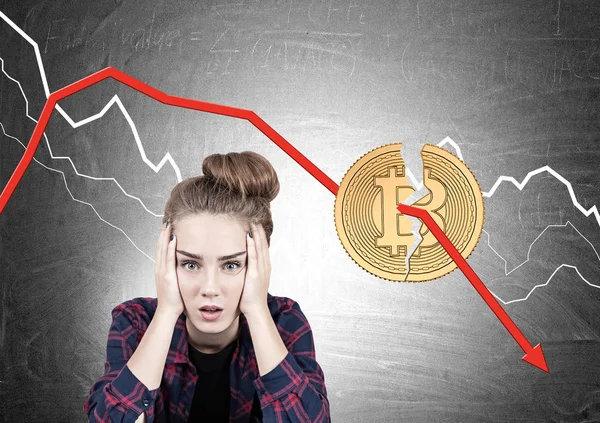 Stressad tonåring flicka, bitcoin krisen — Stockfoto