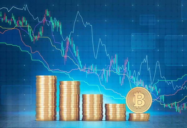 Stacks of bitcoins and graphs — Stock Photo, Image