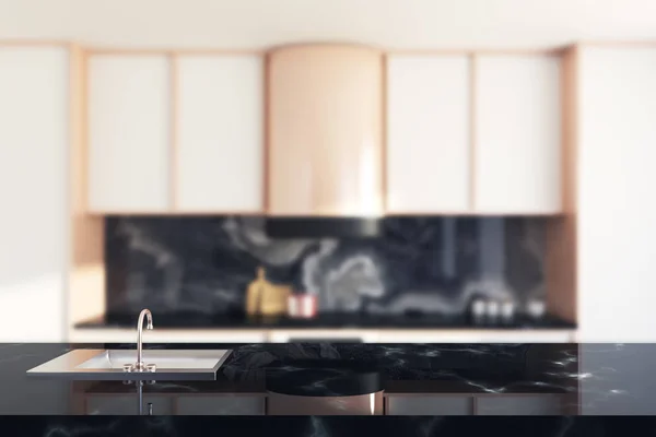 Branco e mármore cozinha desfoque bancada — Fotografia de Stock