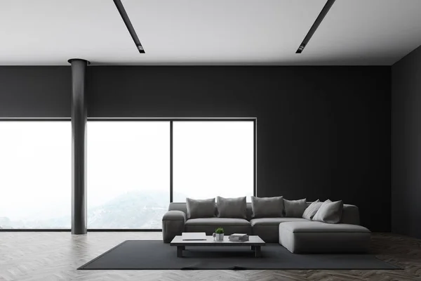 Graues Wohnzimmer mit Panoramablick, Sofa — Stockfoto