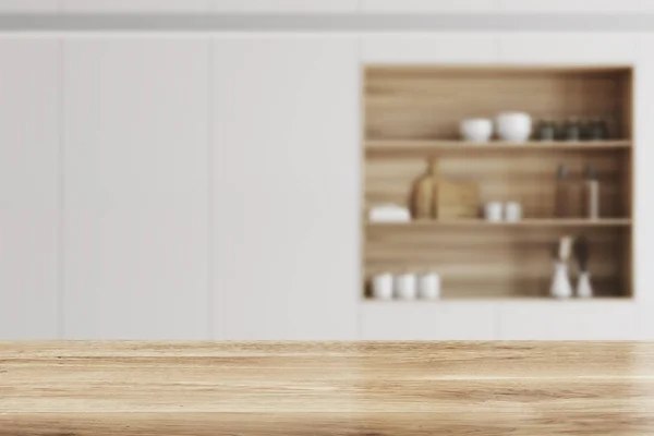 Cucina bianca, bancone bar in legno sfocato — Foto Stock