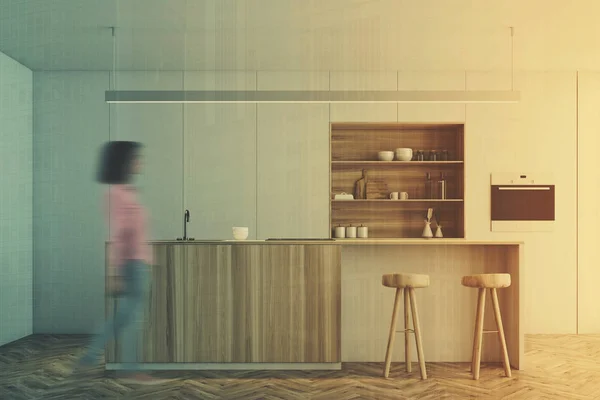 White kitchen, wooden bar stand toned — Stock Photo, Image