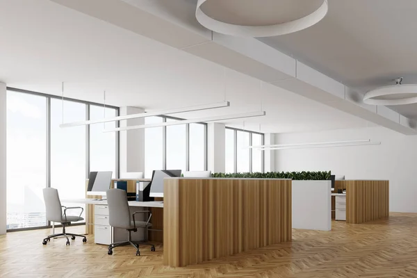 White office corner, wooden desks — Stock Photo, Image