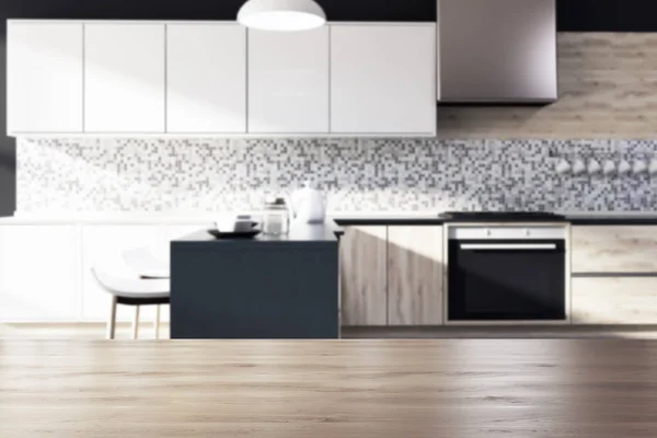 Інтер'єр кухні чорної мозаїки, розмивання деревини — стокове фото