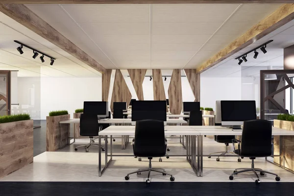 Ufficio bianco, scrivanie in legno, sedie nere — Foto Stock