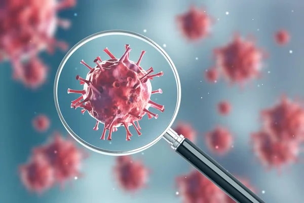 Röd virus under ett förstoringsglas — Stockfoto