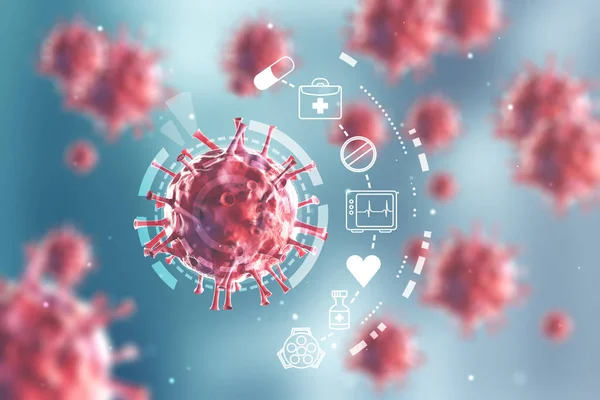 Червоний вірус під збільшувальним склом, інфографіка — стокове фото