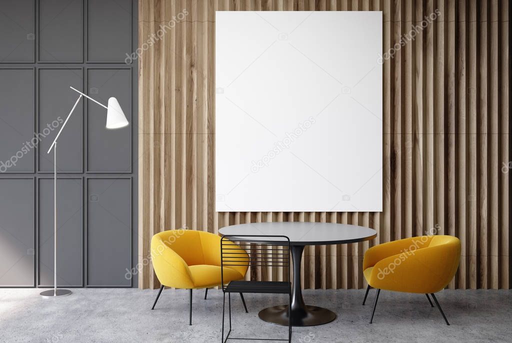 Gray and wooden living room, poster yellow