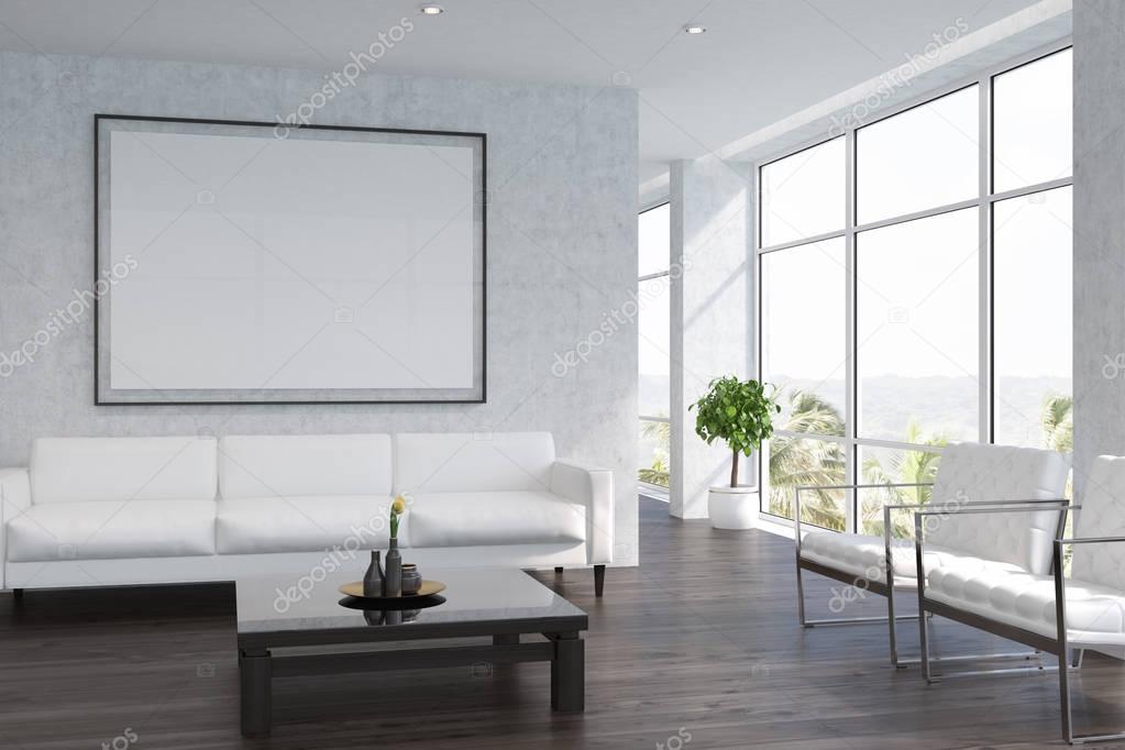 White living room interior with a poster
