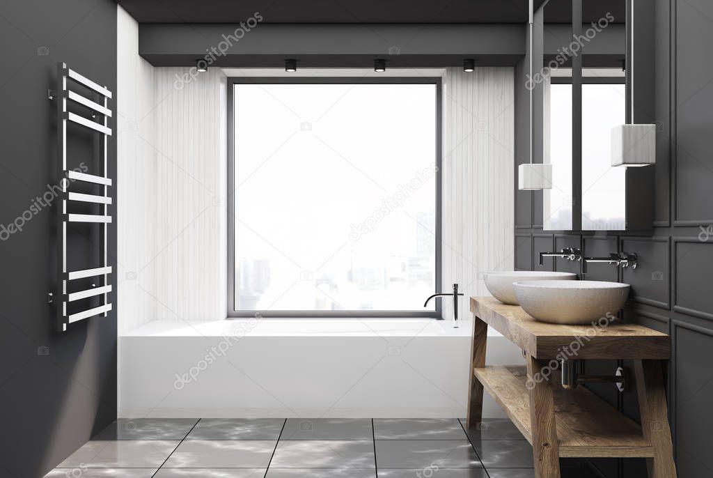 Gray and white wooden bathroom, wood