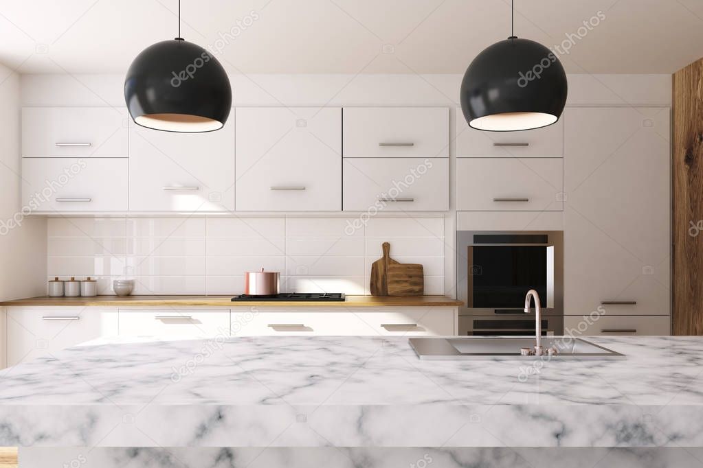 Cocina blanca, encimera de mármol — Foto de stock © denisismagilov