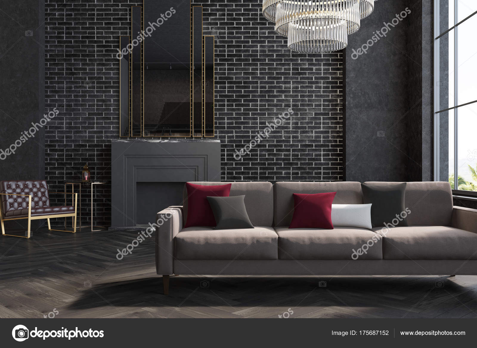 Black Brick Wall Living Room Sofa Fireplace Stock Photo Black Brick Living Room Interior With A Gray Sofa And Armchair Large Windows Fireplace 3d Rendering Mock Up Photo By Denisismagilov