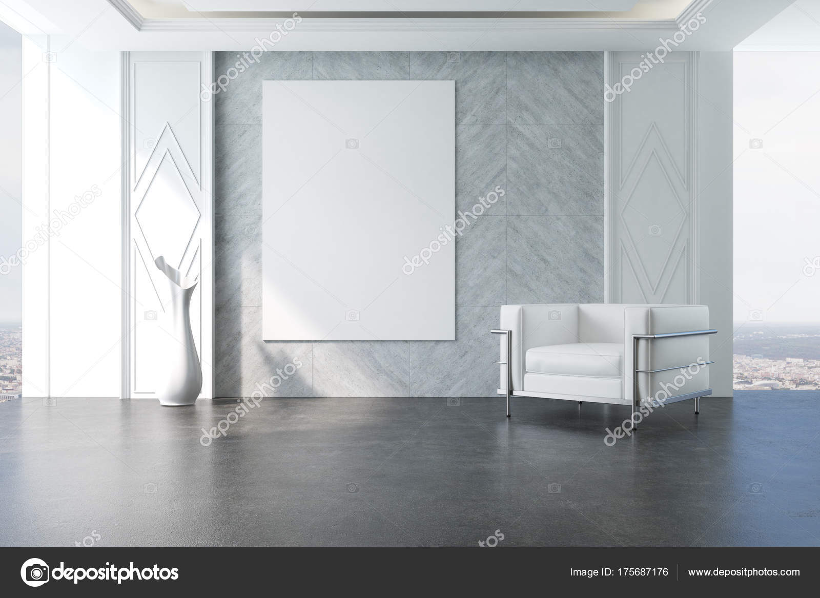 Weiße und graue Wohnzimmer Sessel Plakat — Stockfoto ... Weiße und graue Wohnzimmer Sessel Plakat — Stockfoto ...