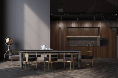 Gri yemek odası, koltuk ve masa