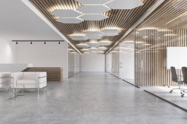 Beyaz ve ahşap ofis lobi