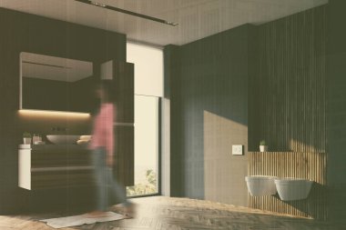 Beyaz ve koyu ahşap banyo iç yan bulanıklık