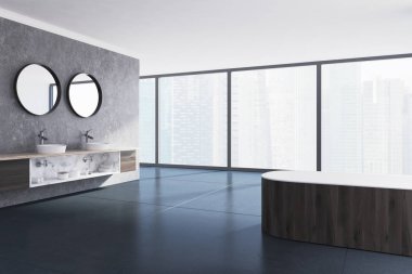 Beton banyo, ahşap küvet, lavabo