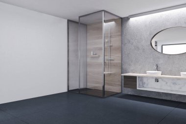 Beyaz ve ahşap banyo, lavabo ve duş