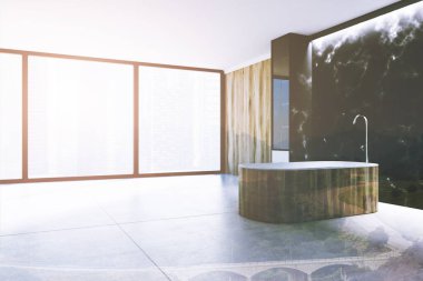 Beyaz, ahşap panoramik banyo, karanlık küvet tonda