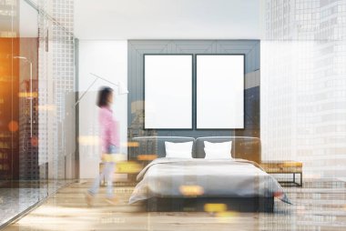 Beyaz ve gri yatak odası, tonda posterler