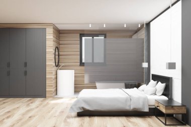 Gri ve ahşap yatak odası yan, banyo ahşap