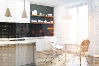 Tonda siyah Ahşap mutfak köşesi, beyaz koltukları