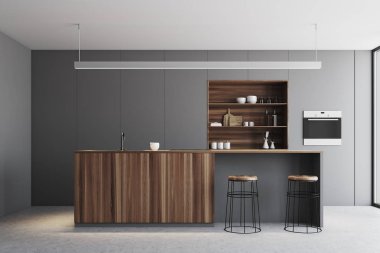 Gri mutfak, standı ahşap