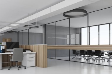 Beyaz ofis köşe ahşap masaları beton
