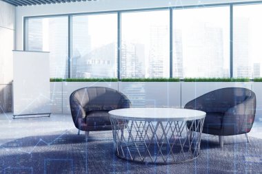 Beyaz ofis bekleme odası, yuvarlak masa tonda