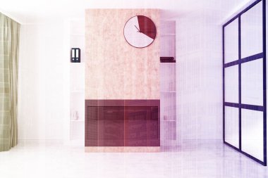 Şömine ve tonda saat beyaz oturma odası