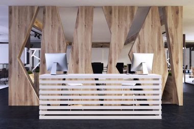 Ahşap modern bir ofis resepsiyonda