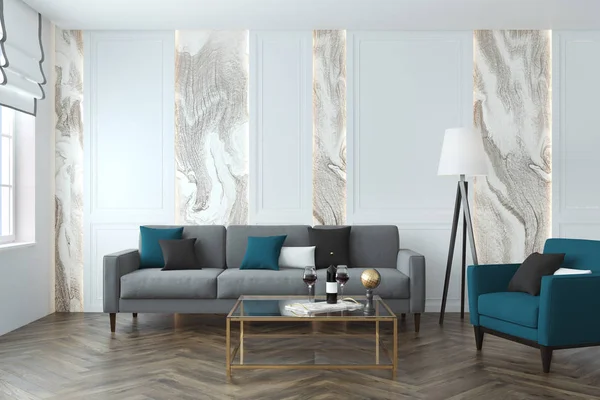 Witte en grijze woonkamer, sofa, blauw — Stockfoto