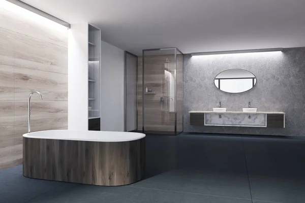 Biały i drewniana łazienka, ciemny z hydromasażem, prysznic — Zdjęcie stockowe
