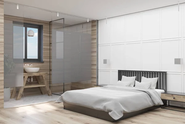 Beyaz ve ahşap yatak odası köşe — Stok fotoğraf