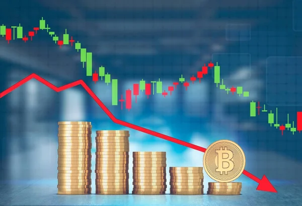 Montones de bitcoins, gráfico de caída —  Fotos de Stock