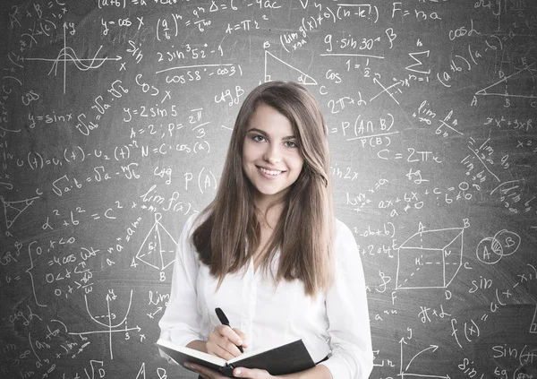 Glad ung kvinna, arrangör, vetenskap koncept — Stockfoto