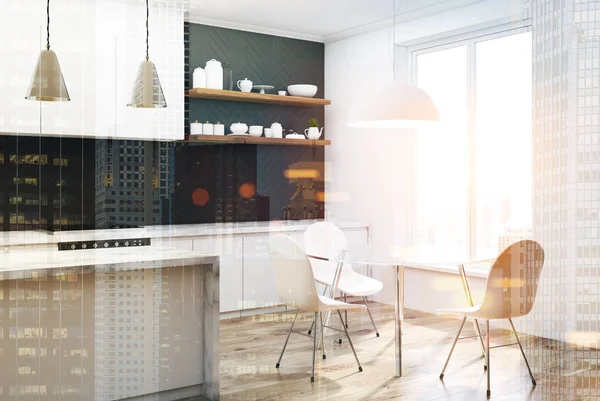 Tonda siyah Ahşap mutfak köşesi, beyaz koltukları