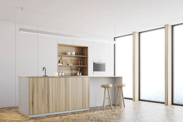 Cozinha branca, lado de suporte de barra de madeira — Fotografia de Stock