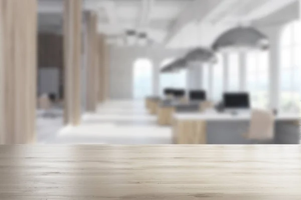 Weißes modernes Büro, Bogenfenster, Holz verschwimmt — Stockfoto