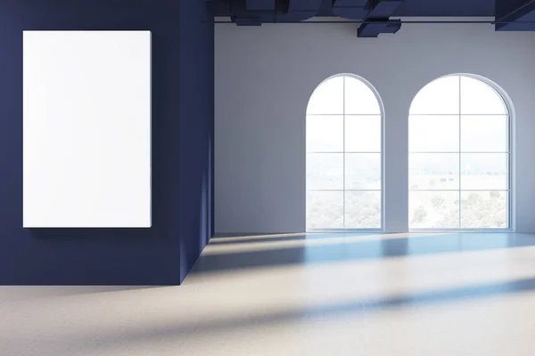 Empty arch windows room, blue ceiling, poster
