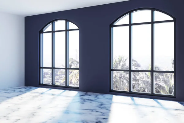 Пустые синие стены комната с большими окнами — стоковое фото