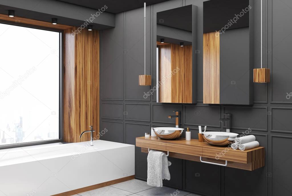 Baño madera y negro | Lado de baño negro y madera — Foto de stock