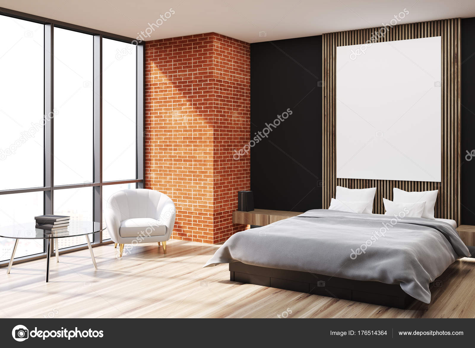 Zwart, baksteen en houten slaapkamer hoek, poster — Stockfoto ... Zwart, baksteen en houten slaapkamer hoek, poster — Stockfoto ...