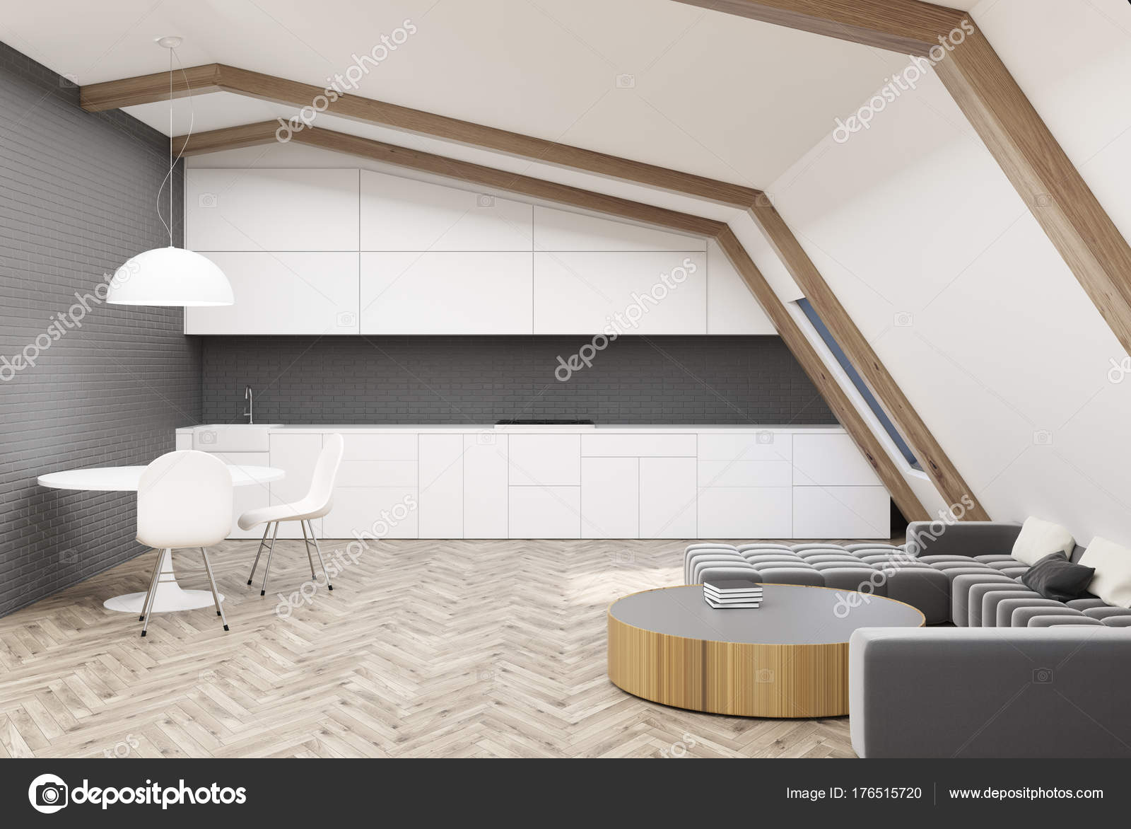 Weiß Grau Dachboden Küche Und Esszimmer Seite Stockfoto