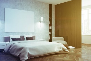 Beton yatak odası, beyaz yatak, tonda poster yan