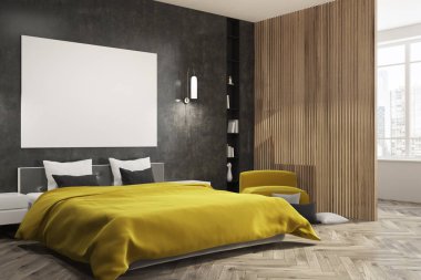 Siyah yatak odası, sarı yatak, poster yan