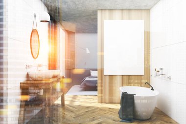 Beyaz, ahşap banyo ve yatak odası tonda