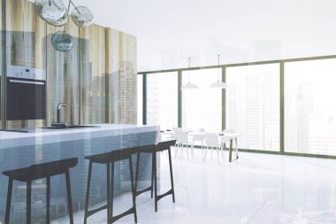 Panoramik mutfak ve yemek odası tonda