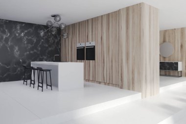 Ahşap mutfak bir çizgiyle yan, siyah mermer